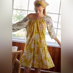 Anthropologie Mustard and White Floral Long Sleeve Dress
